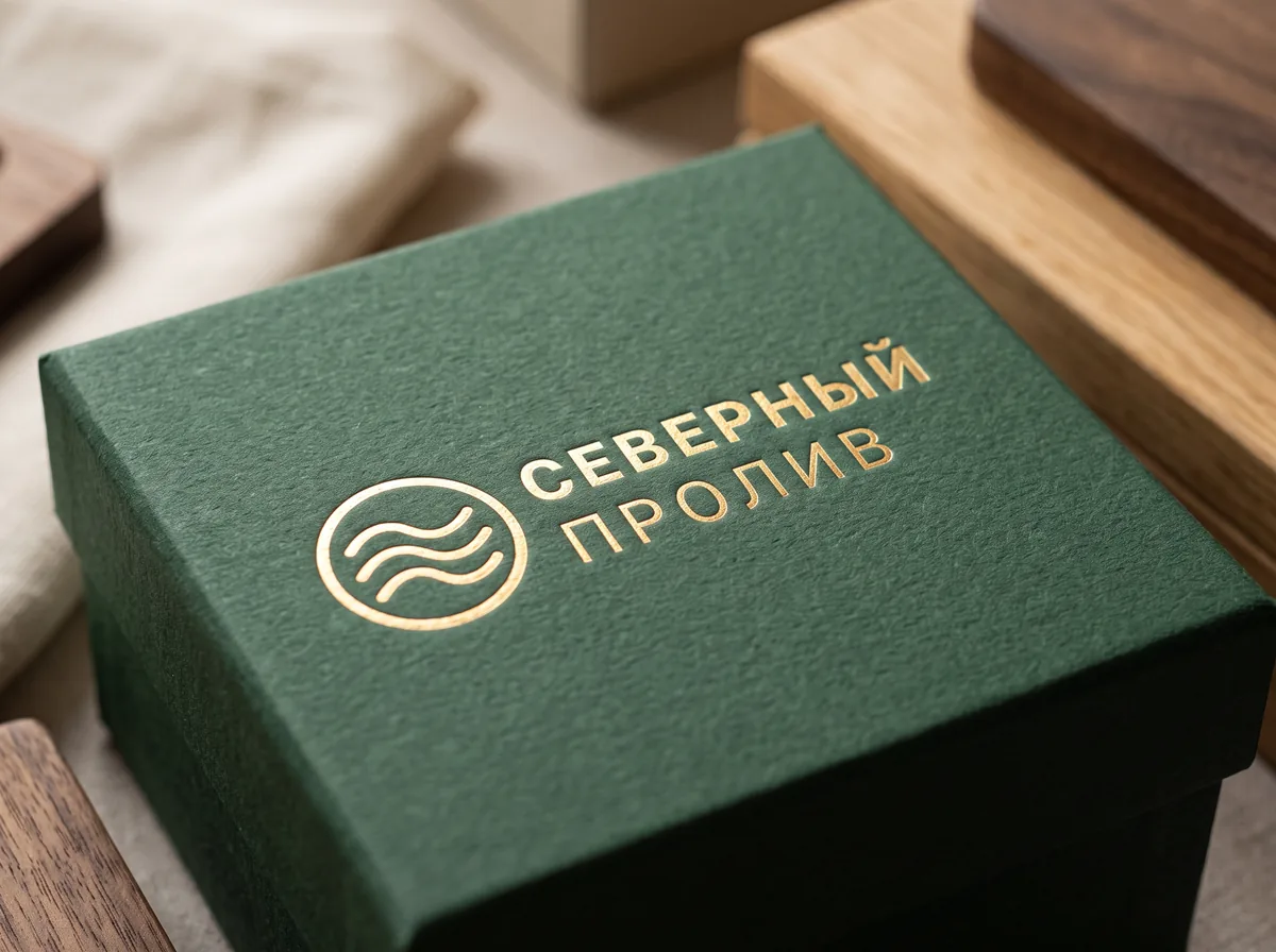 Логотип, тиснённый золотой фольгой на тёмно-зелёной коробке