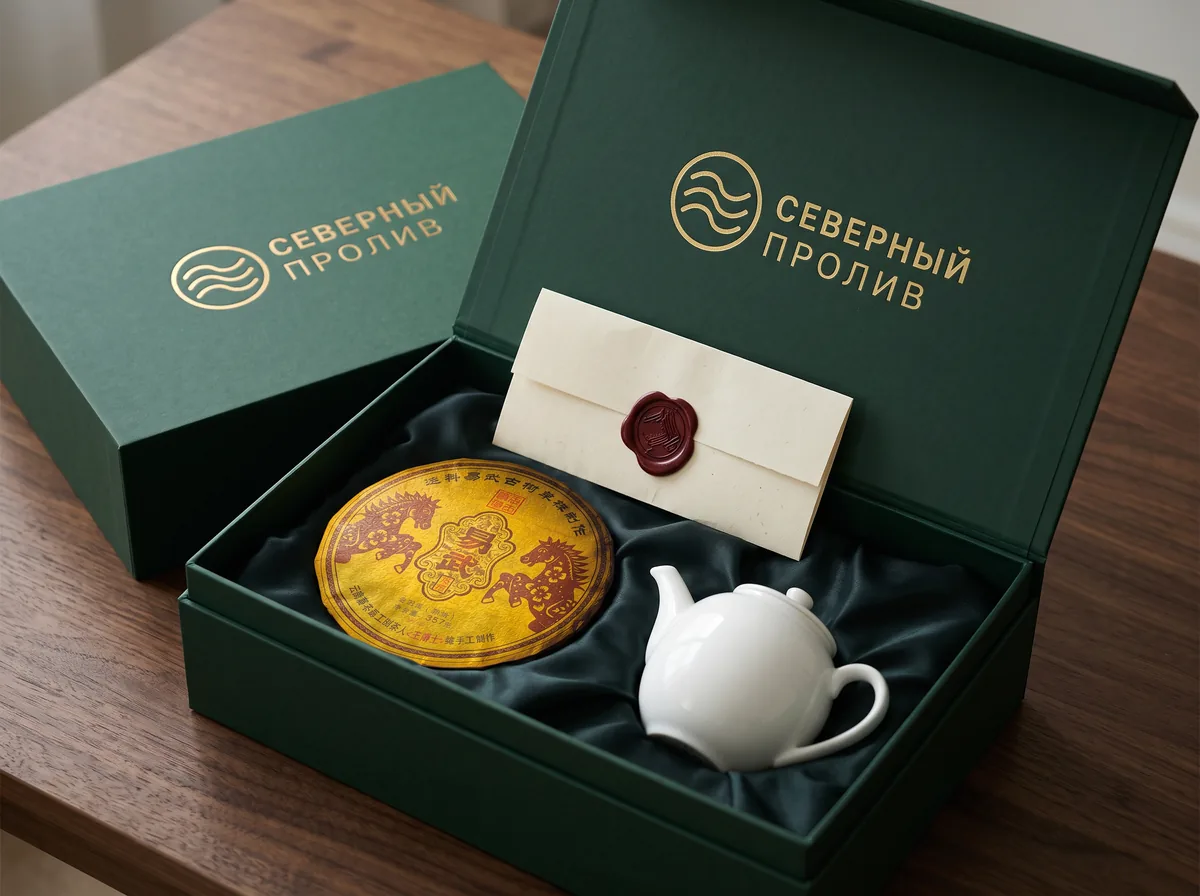 Тёмно-зелёная коробка с логотипом условной компании золотом, внутри блин пуэра, чайник и сертификат
